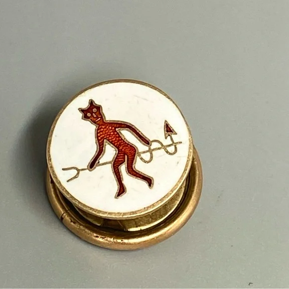 Antique Guilloche Red Devil on Pitchfork Enamel 10K Secret Society Pin Stief Co.